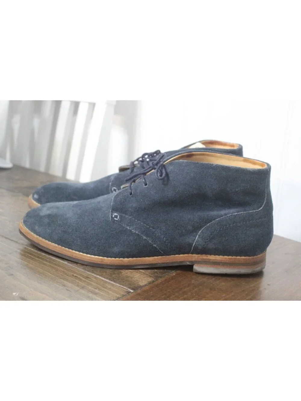 Hudson Houghton Mens 11 Blue Suede Lace-Up Chukka Boots Wooden Soles EUC